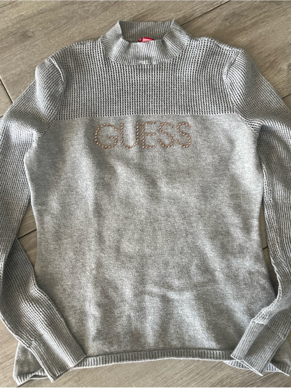 GUESS Light Gray Knit Turtleneck Sweater with Rhinestone Logo